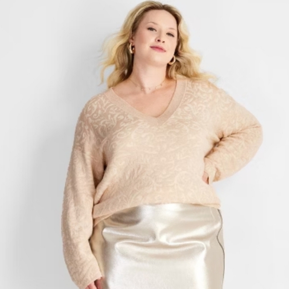 Women's V-Neck Brocade Sweater-Future Collective Cream NWT